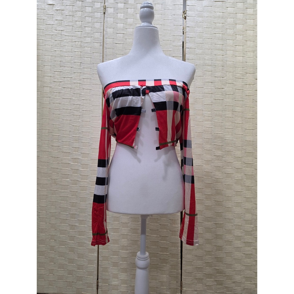 Red Plaid Off The Shoulder Long Sleeve Crop Top Open Front Size 6 Mannequin